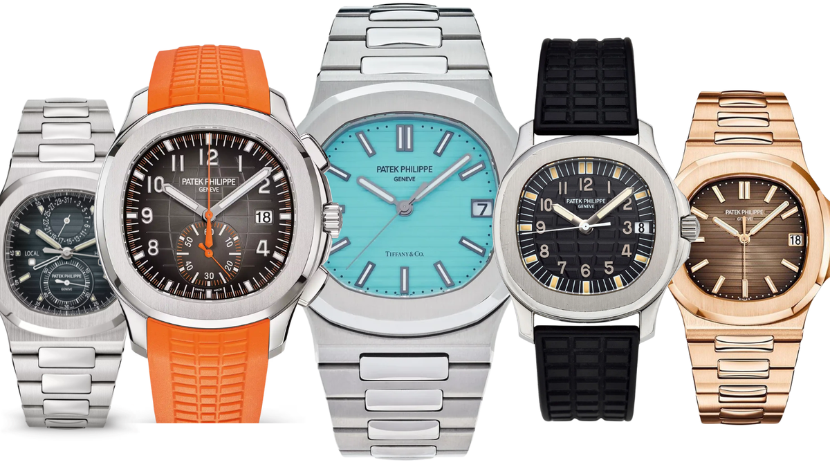 Five different Patek Philippe luxury watches on white background