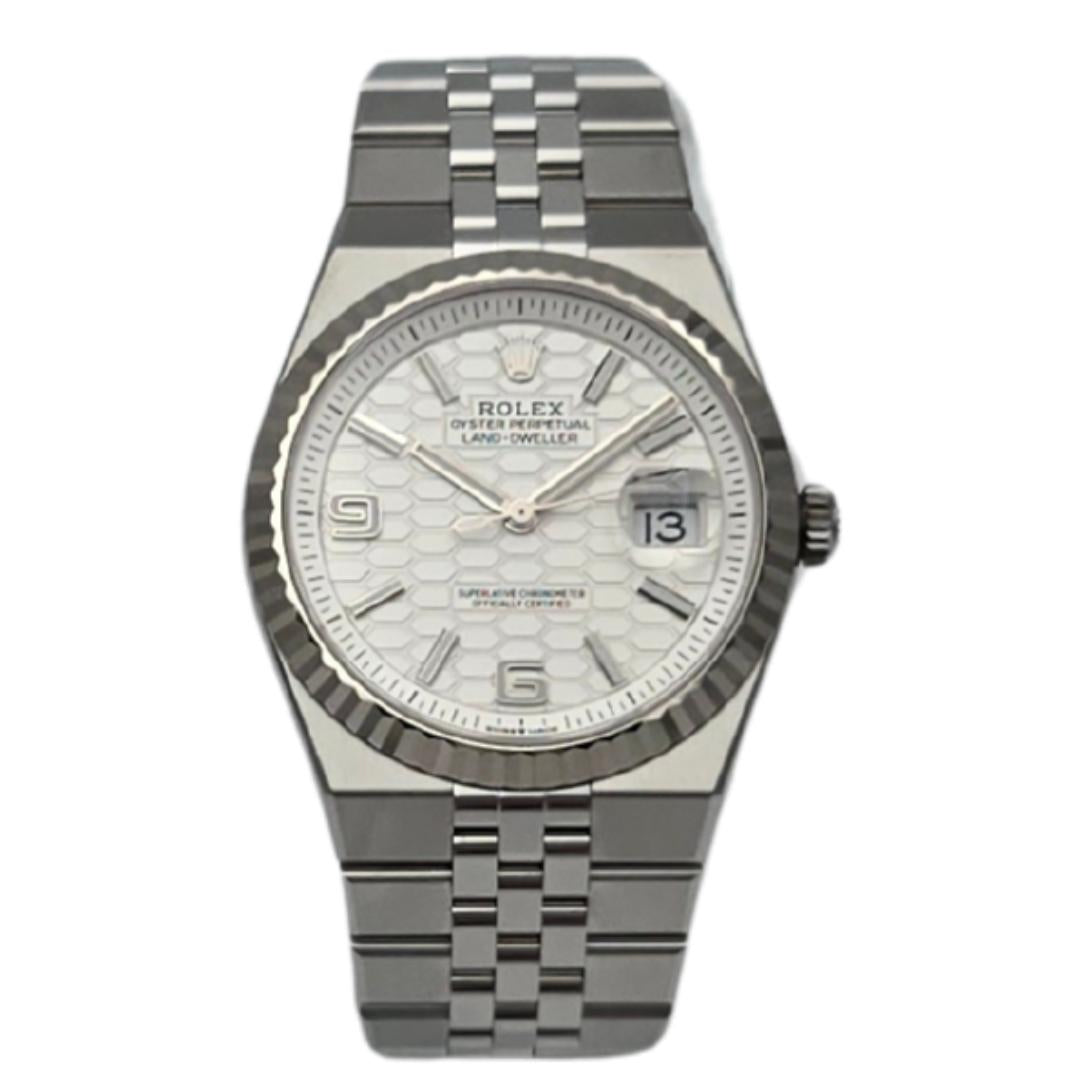 Rolex Land-Dweller 127334 White Honeycomb Dial Jubilee Steel Watch Box Papers