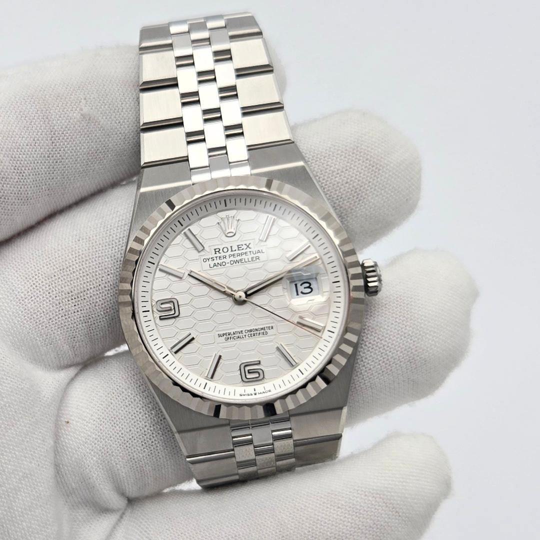 Rolex Land-Dweller 127334 White Honeycomb Dial Jubilee Steel Watch Box Papers