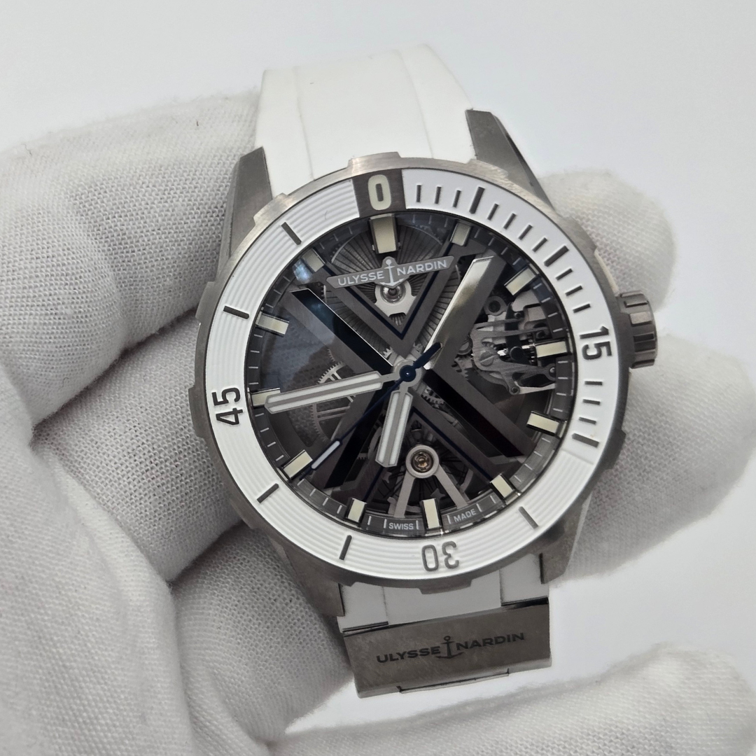 Front skeleton dial details on Ulysse Nardin Diver X Skeleton
