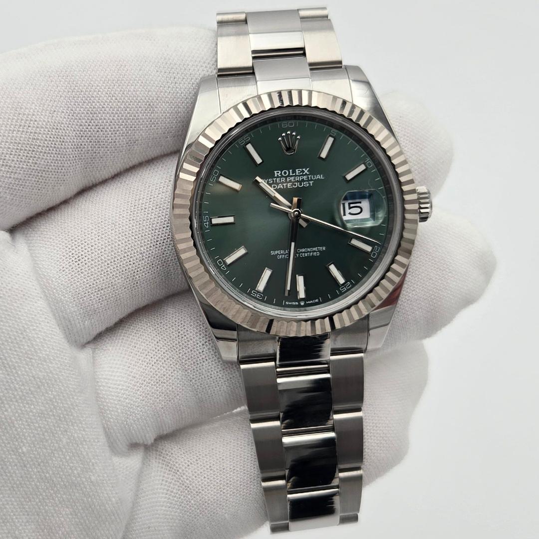 Rolex Datejust 41 Mint Green Stick Dial Fluted Steel Oyster 126334 Box Papers