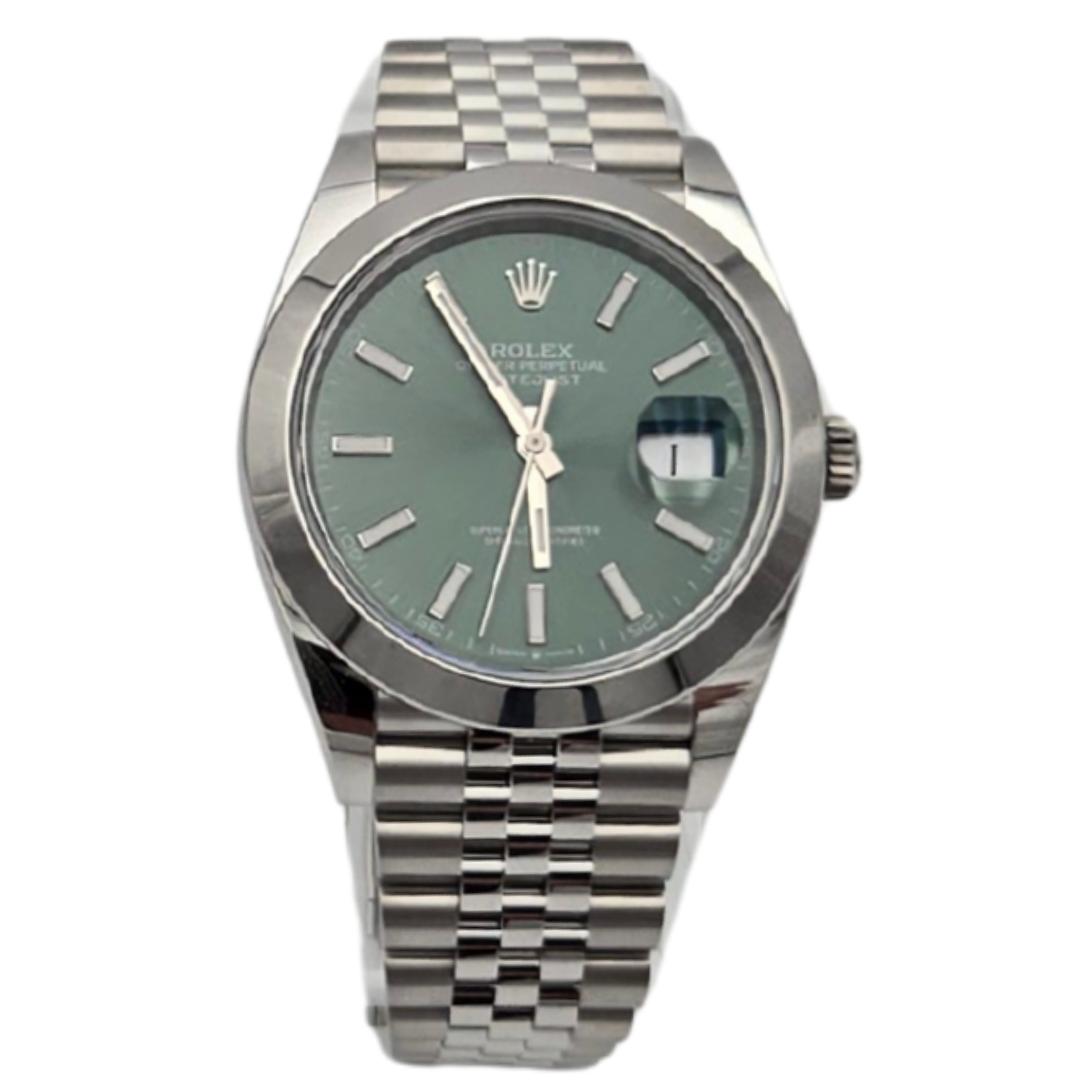 Rolex Datejust 41 Green Dial Smooth Bezel Steel Watch 126300 Box Papers
