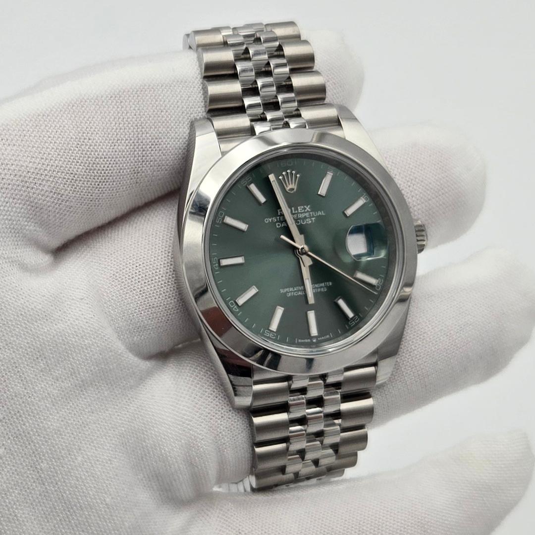 Rolex Datejust 41 Green Dial Smooth Bezel Steel Watch 126300 Box Papers