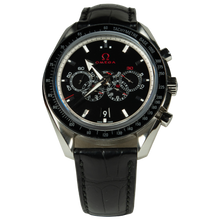 Black Omega watch with a detailed face on a white background